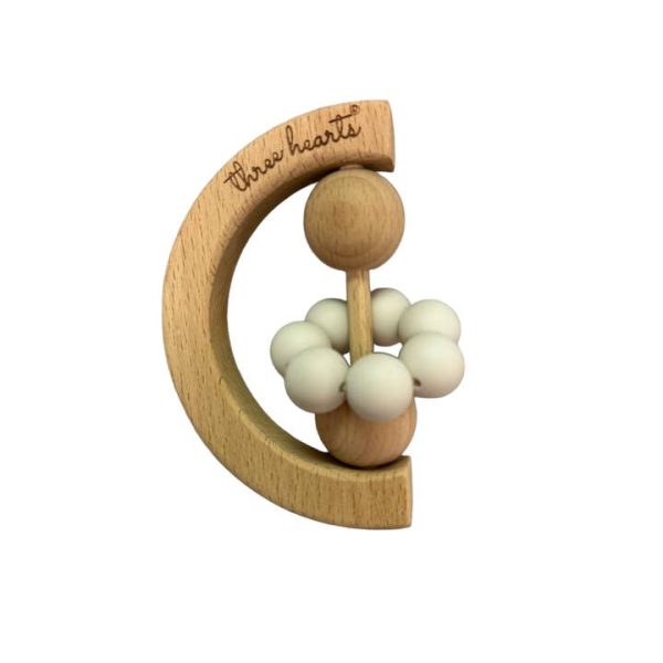 Three Hearts Beechwood & BPA Free Silicone Moon Rattle For Sale