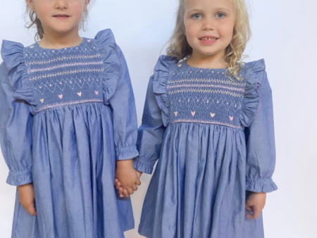 Maddie & Connor Smocked Dress in Chambray Hearts For Cheap