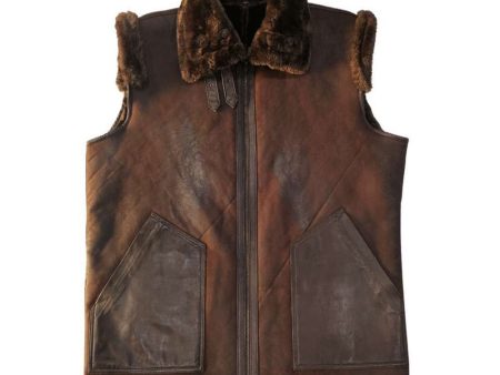 Vintage Dark Brown Shearling Leather Bomber Vest Men s Sale