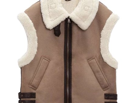 Women Camel Brown Motorcycle Shearling Leather Vest For Cheap