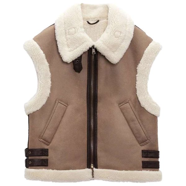 Women Camel Brown Motorcycle Shearling Leather Vest For Cheap