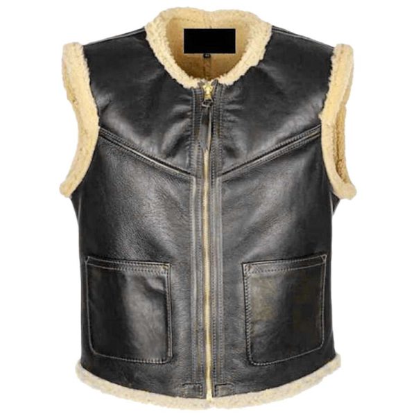 Men Vintage Motorcycle Bomber Shearling Leather Vest Online Hot Sale