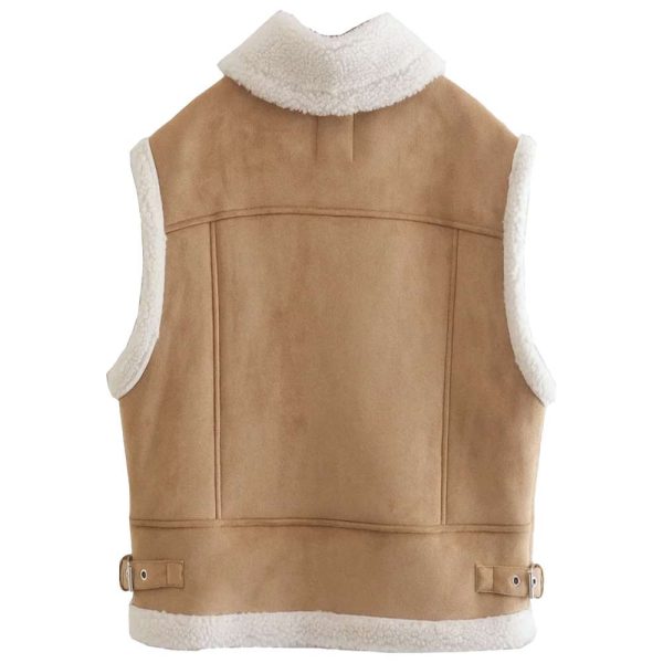 Women B3 Tan Brown Bomber Shearling Leather Vest For Discount