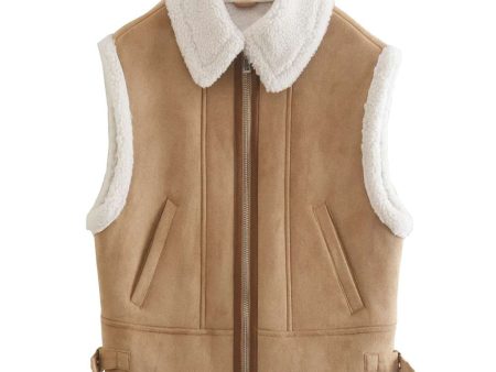 Women B3 Tan Brown Bomber Shearling Leather Vest For Discount