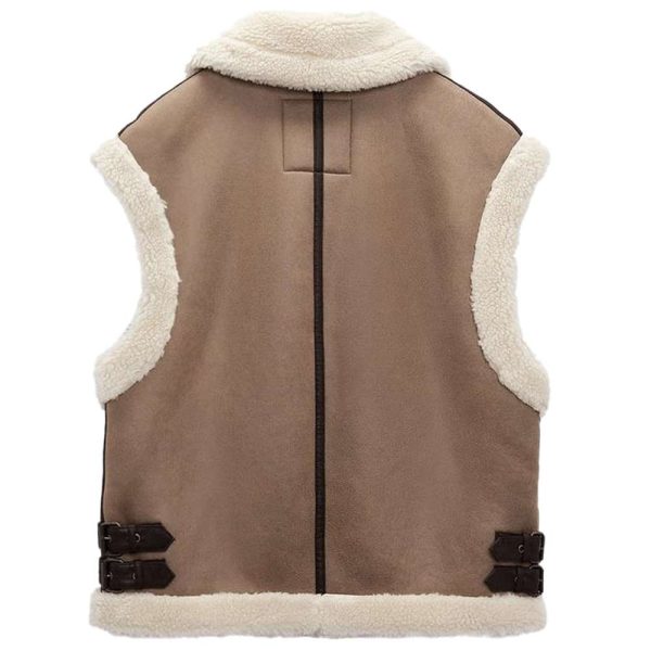 Women Camel Brown Motorcycle Shearling Leather Vest For Cheap