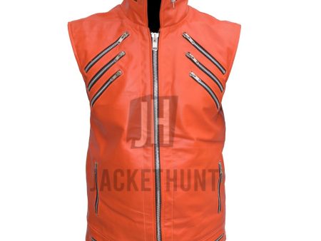 Rebel Punk Rockstar Zipper Orange Leather Vest Discount