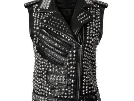 Women Studded Leather Vest Spike Belted Punk Goth Cheap