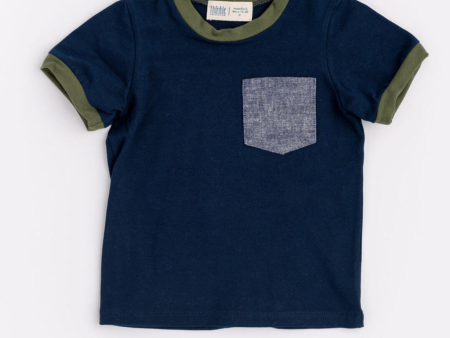 Thimble Ringer Pocket Tee in Navy & Olive Supply