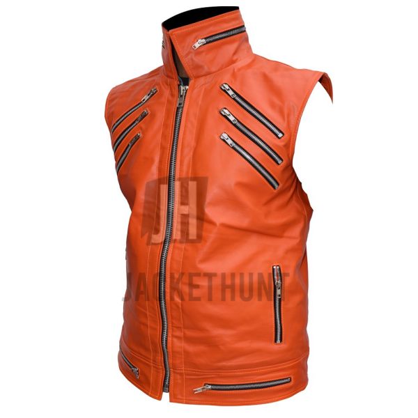 Rebel Punk Rockstar Zipper Orange Leather Vest Discount