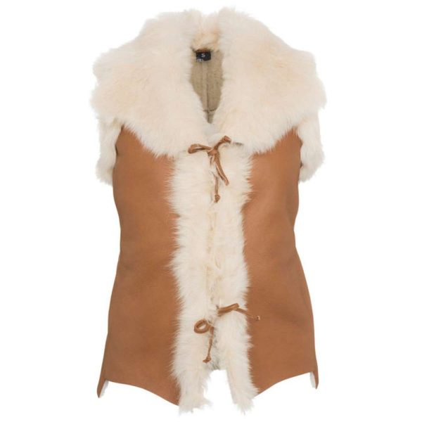 Vintage Camel Brown Women Shearling Suede Leather Vest Supply