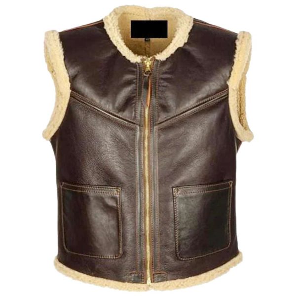 Men Vintage Motorcycle Bomber Shearling Leather Vest Online Hot Sale